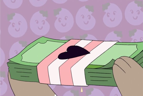 Animated character holding money